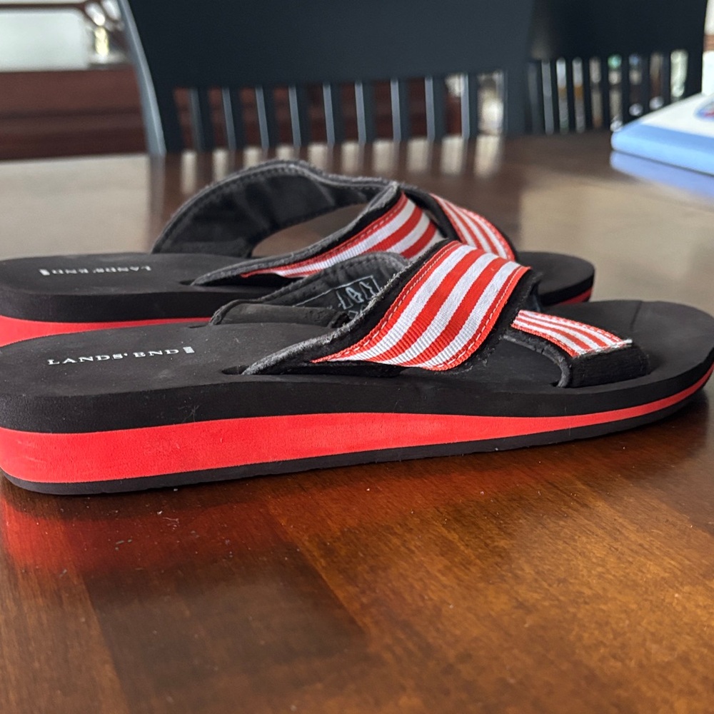 Lands' End Black Slide Sandals with Red & White Striped Cross Straps - Picture 7 of 7